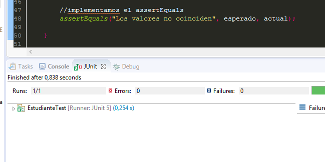 Resultado del assert equals comparando strings