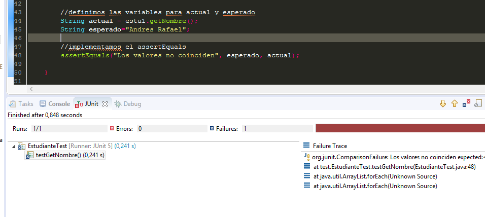 Provocando un error en el assertEquals