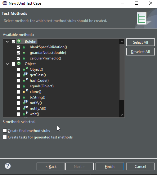 Selección de los métodos de la clase para prueba