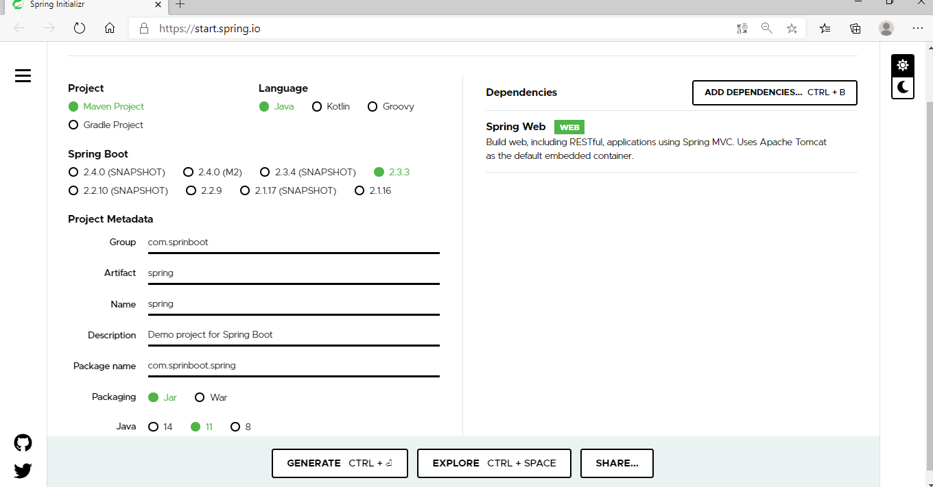 Uso del servicio web start Spring