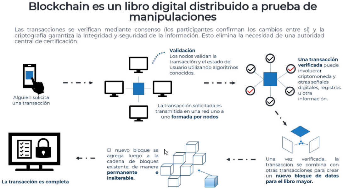 Blockchain como libro digital distribuido a prueba de manipulaciones.